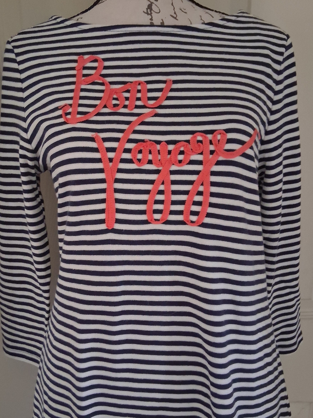 NWT Charter Club Navy and White Striped Long Sleeve Top with Coral Script
